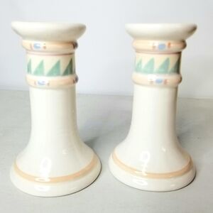 2 Vintage Treasure Craft Pottery Taos Cream  Pastel Colored Candlestick  Holders